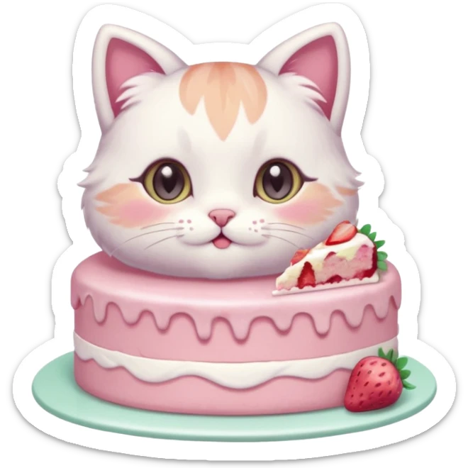 A cute cat happily eating a slice of strawberry cake, pastel color palette, soft shading, big sparkling eyes, kawaii style, highly detailed digital illustration, cozy atmosphere
, sticker