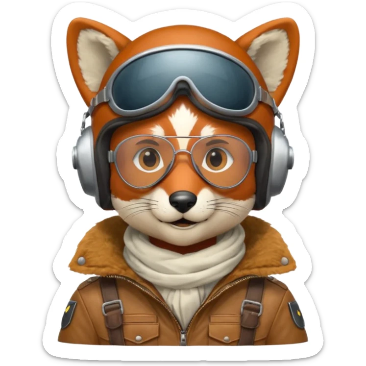 renard aviateur, casque en cuir, écharpe blanche, lunettes "climax" sur le casque au dessus des yeux, blouson aviateur, pas de double lunettes sticker