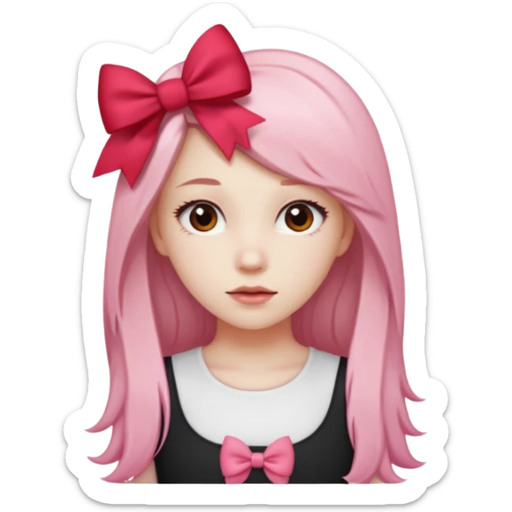 girl with long hair with side parted pale skin red pink bow in her hair and wearing a white basic top sticker