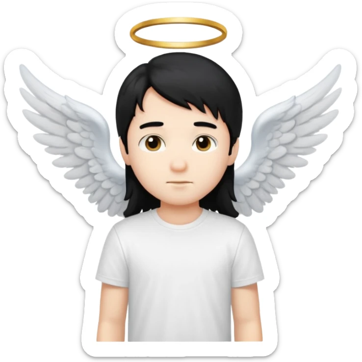 angelic boy with long black hair, white t-shirt, angel wings sticker