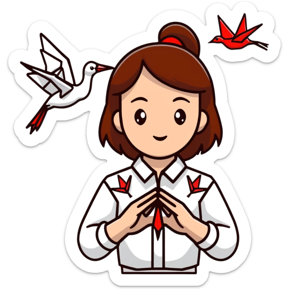 Happy Ukrainian young girl with brown hair in a white embroidered shirt holds an origami red crane sticker