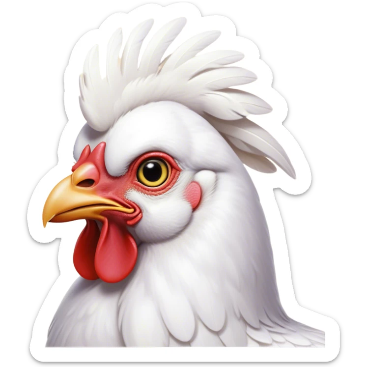 Cinematic Noble White Chicken Portrait Emoji, Poised and regal, with a compact, sturdy build and a pristine, well-groomed pure white plumage, deep-set soulful beady eyes, Simplified yet sharp and sophisticated features, highly detailed, glowing with a soft, dignified glow, high shine, intelligent and alert, stylized with an air of barnyard elegance, focused and attentive, soft glowing outline, capturing the essence of a watchful and confident fowl, so majestic it feels as though it could strut out of the screen with effortless authority! sticker