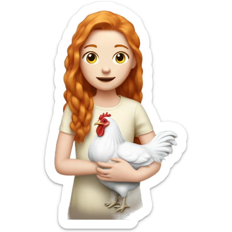 Ginger girl with Long hair and a white hen inside her Arms  sticker