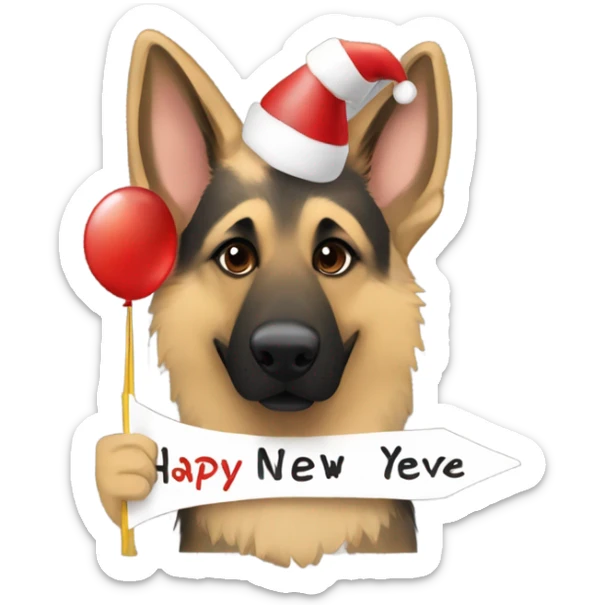 Blonde and brown German shepherd holding a sign that says “Happy New Years Eve” sticker