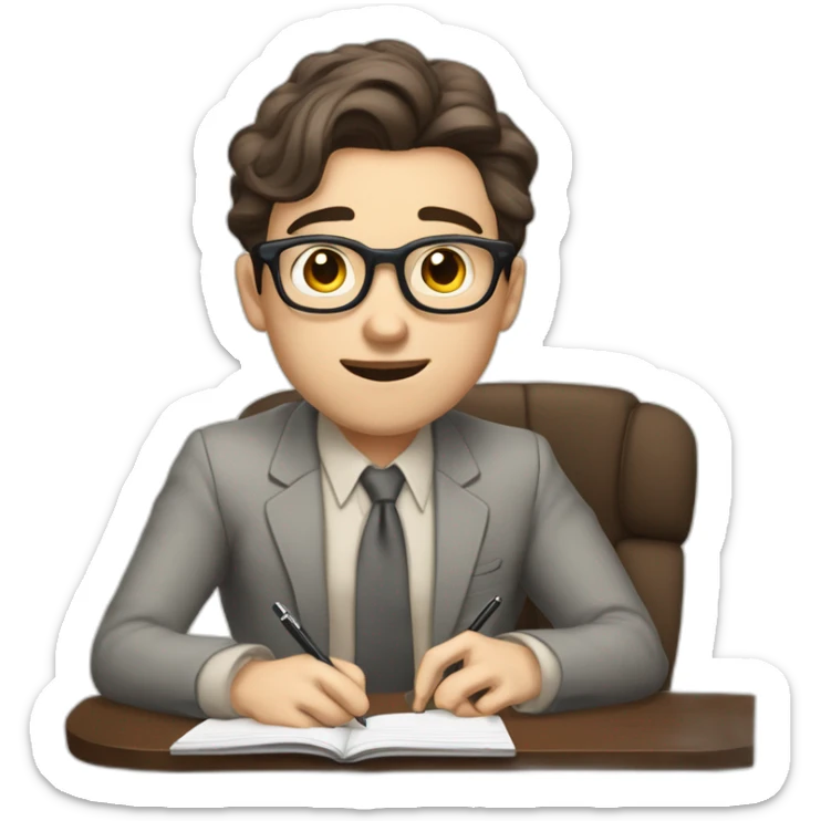 Pale skinned Fit Man With dark brown hair in gray jacket, beige office shirt, Brown pants and vintage glasses sitting In a soft chair with a notebook and a pen Fooling showing his tongue sticker