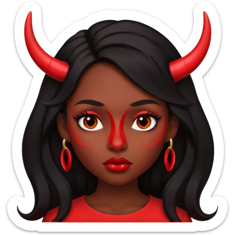 A skin red girl's face with cheekbones, long black hair, small red horns, big lips sticker