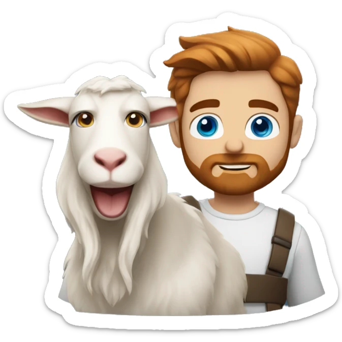 Man holding a goat, redish hair redish scruffy beard, blue eyes, wearing a superman costume sticker