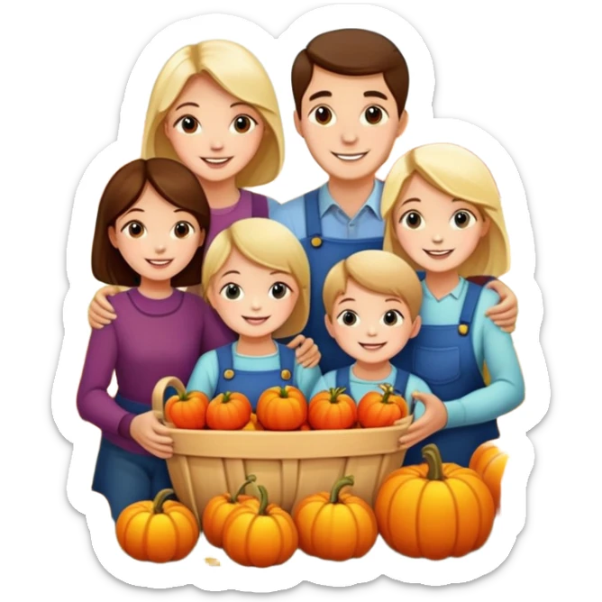 family picking apples and pumpkins together, autumn background, joyful sticker