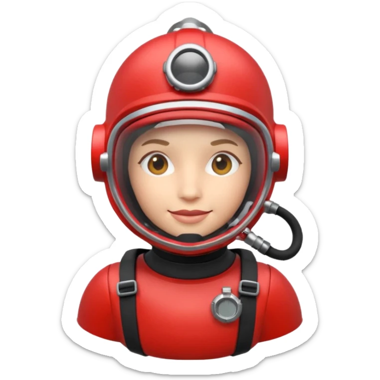 3D cartoon-style human character in the Apple emoji style, wearing a red scuba diving helmet with glass visor sticker