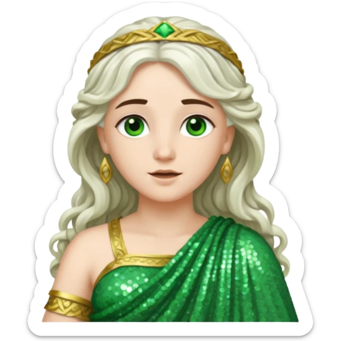 Juno, Goddess of Marriage from Roman Deities with long white brunette wavy hair, green sequin toga sticker