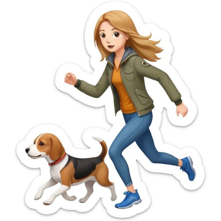 A beautiful tall girl with fair skin and long hair wearing a jacket and running with a beagle sticker