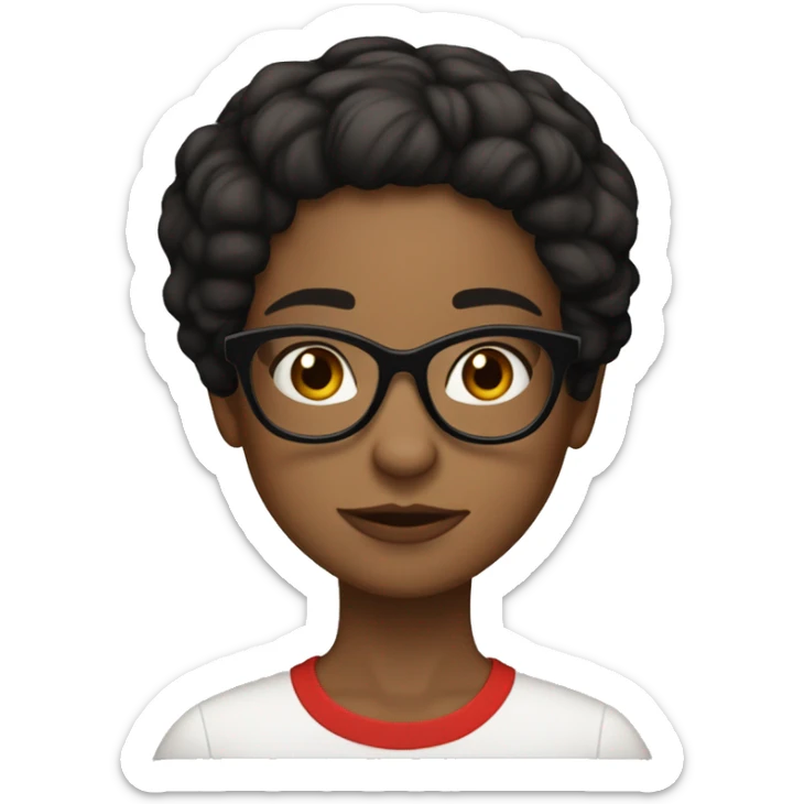 gir of 25 years using round glasses, medium short black wavy hair, brown eyes with eyelinr and red listick sticker