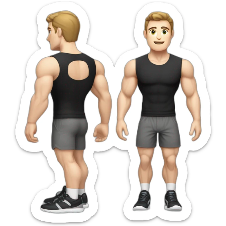 Pale skinned Fit Man With the biceps and dark brown hair in black shirt, gray sports shorts and white Sneakers sticker