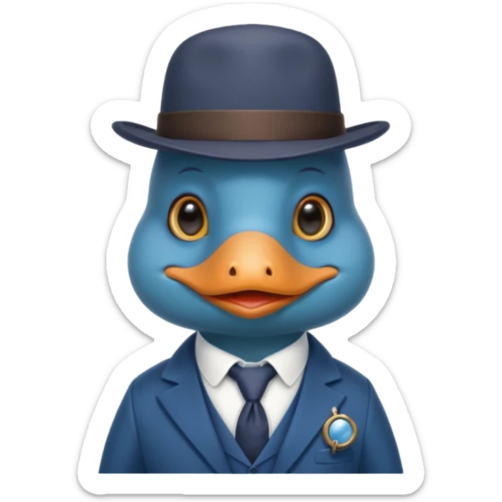 cute blue platypus with a detective hat and monocle on his eye, no  hands, looks like a platypus but blue, the hat and suit are anything but blue sticker
