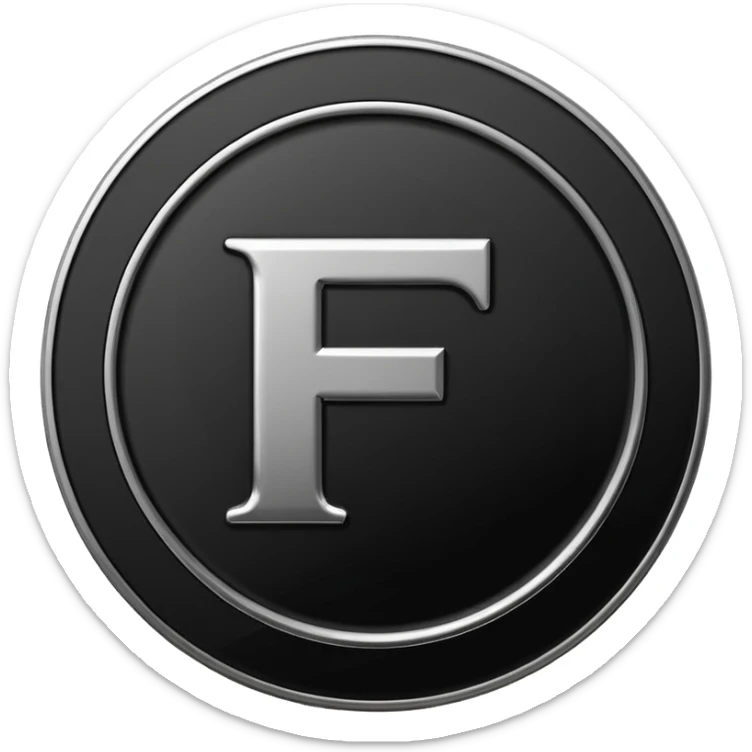 Emoji icon of a black coin with engraved letter F, minimalist style, isolated, no color sticker