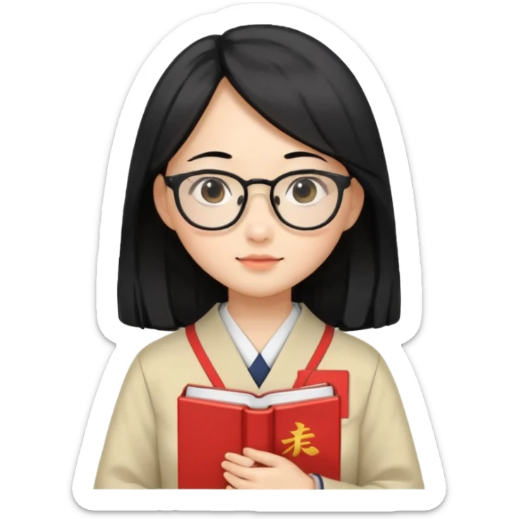 A student, asian girl, long black hair, wearing glasses, japanese uniform, hold book in front of their chest sticker