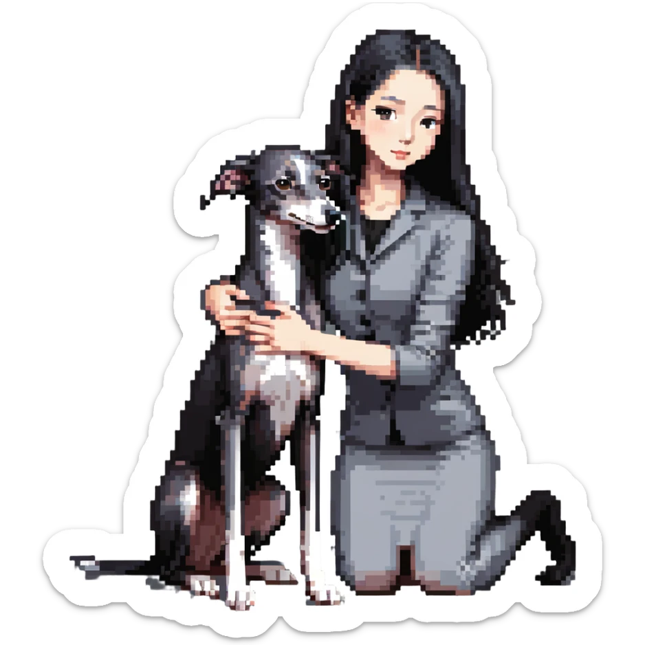 Slim Chinese girl with long black hair petting a completely solid dark grey Italian greyhound with absolutely no white anywhere on its body sticker