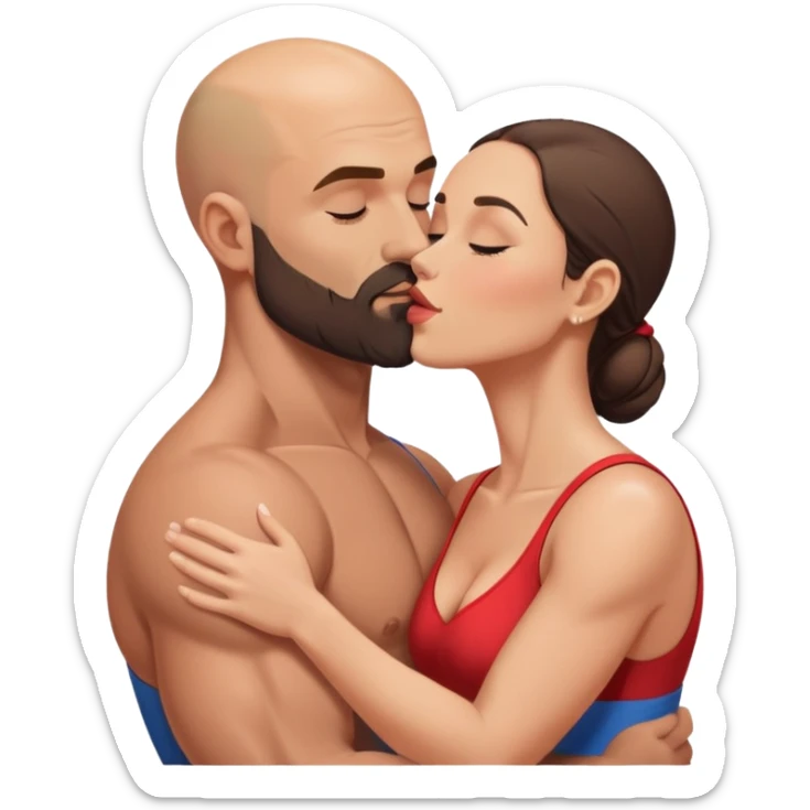 Muscular Bald man with a beard passionately kissing his young fit brunette wife  sticker