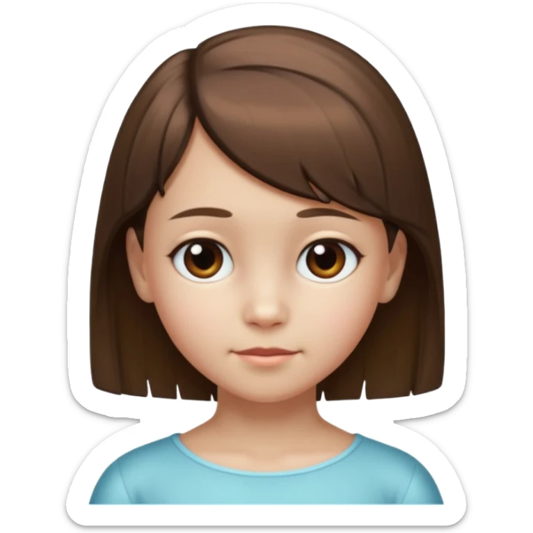 Head without neck of a 10-year-old girl with pearly skin, short brown hair partially pulled back, and a slight fringe on her forehead. sticker