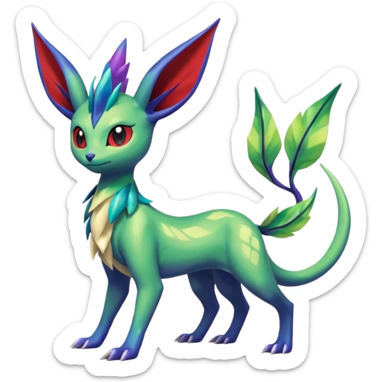 Shiny Aural Leafeon-Keldeon-Celebi-Amaura-Salandit-Fakémon-fusion (full body) sticker