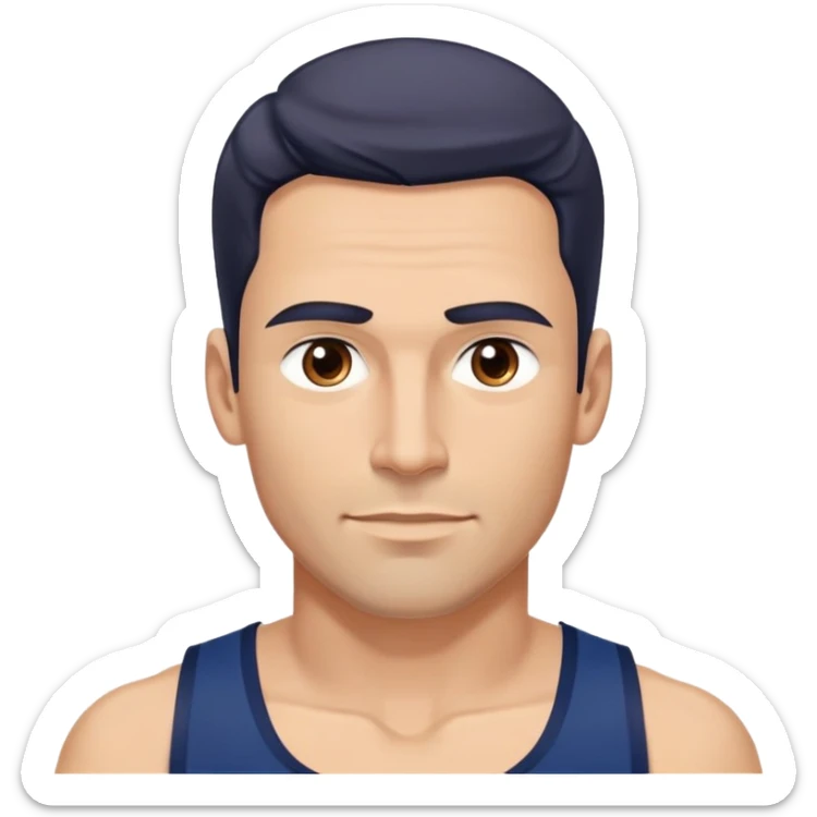 Youthful-looking athletic 40-year-old man with light brown skin, elongated face, defined jawline, attractive features, medium dark eyes, arched eyebrows, straight nose, confident expression, medium wavy dark hair with modern style, wearing a navy blue tank top sticker