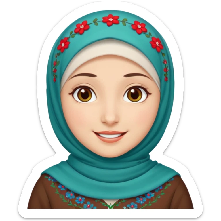 Turkish beautiful finish Konya girl brown eyes white skin with red blue green mini flowers hijab and brown islamic dress and smiles sticker