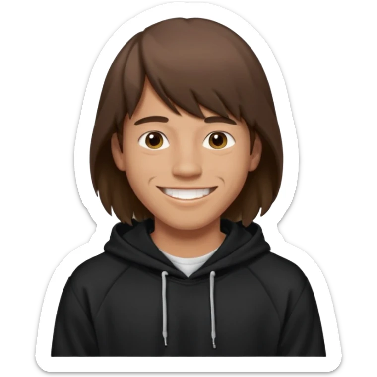 20 yr old man, brown hair, straight, big smile, white teeth, tanned skin, bangs, black hooded sweatshirt, long hair in back, center-parted bangs sticker