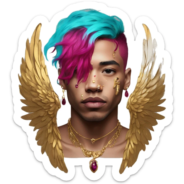 Vintage painting swirls gold jewellery baroque raven wings angel tropical Deep pink maroon burgundy cyan dark hoodie man vitiligo dyed hair gold piercings nose piercing ear piercings sticker