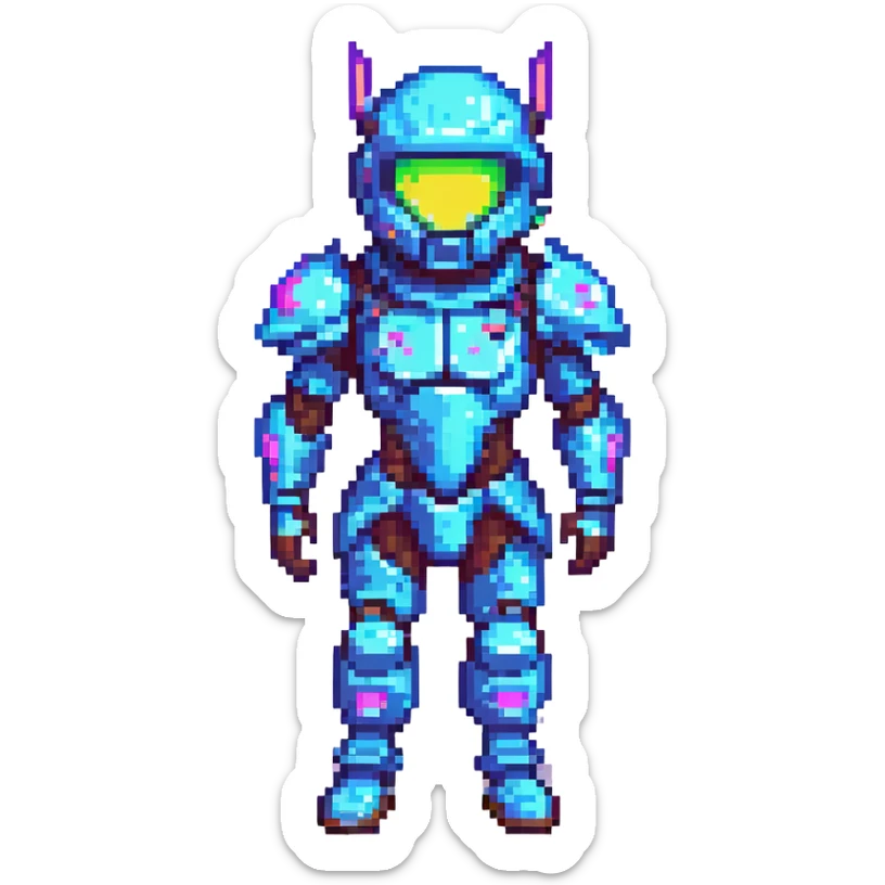 Fortnite-inspired pixel art skin with futuristic armor, neon highlights, playful stance sticker