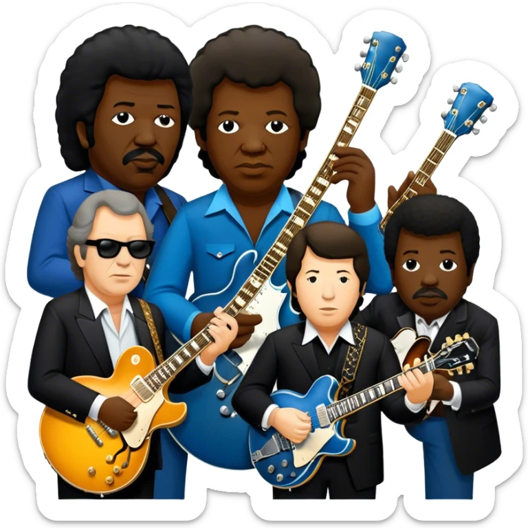 Icon for Blues Music: close-up collage of legendary blues artists. Gary Moore, Eric Clapton, B.B. King and Joe Cocker. Represented by silhouettes or symbolic items like guitars, microphones, or music notes, reflecting the soulful energy of blues music. Transparent background. sticker