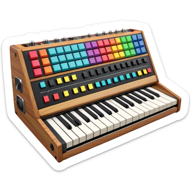 3D render of Synthesizer, vintage 1980s audio equipment aesthetic, tactile analog buttons, black matte keys with colorful rainbow slider knobs, mixed wood grain and brushed aluminum textures, Apple emoji style, isolated on white background --v 6.0 sticker