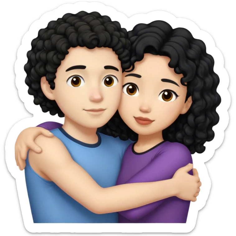 A white boy with black curly hair hugging a shorter asian girl with black hair  sticker