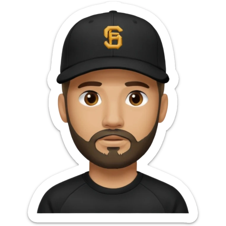 Hombre con la cara blureada, con barba fina y perilla, gorra negra de baseball bordada con un 08, y sudadera negra sticker