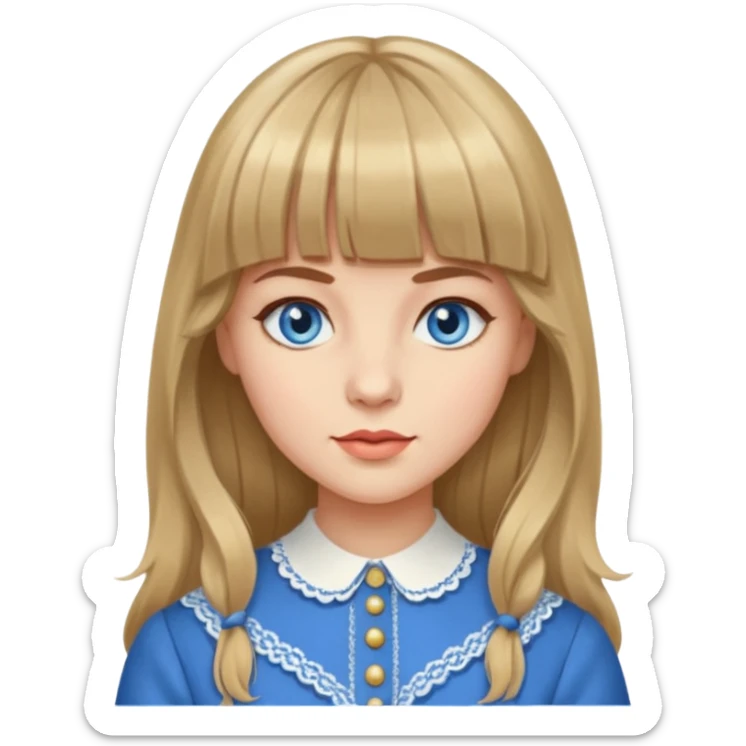 Woman with long dark blond hair and bang, blue eyes, vintage clothe emoji sticker