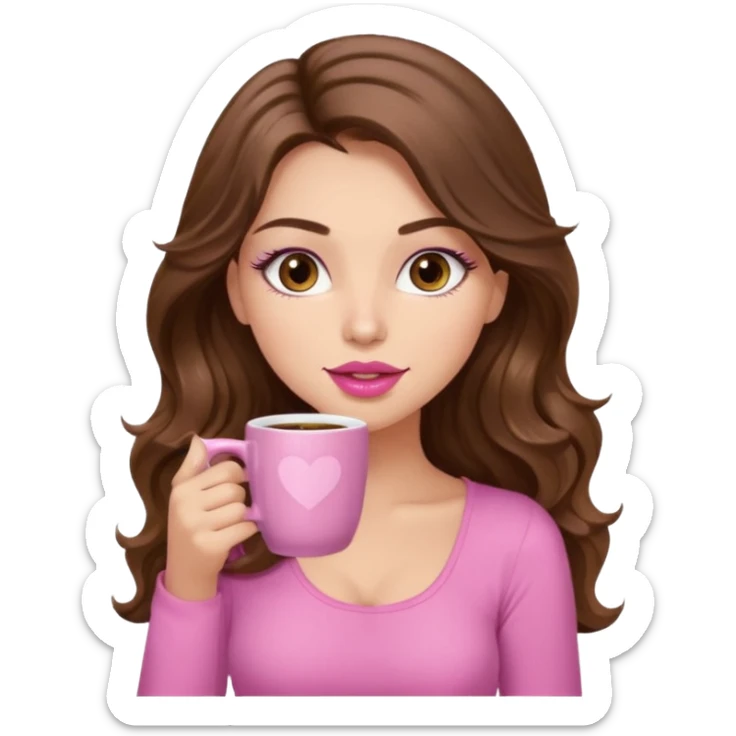 girl with long wavy brown hair, brown eyes, long lashes, pink lips, light to medium complexion, pink sexy top, sipping coffee sticker