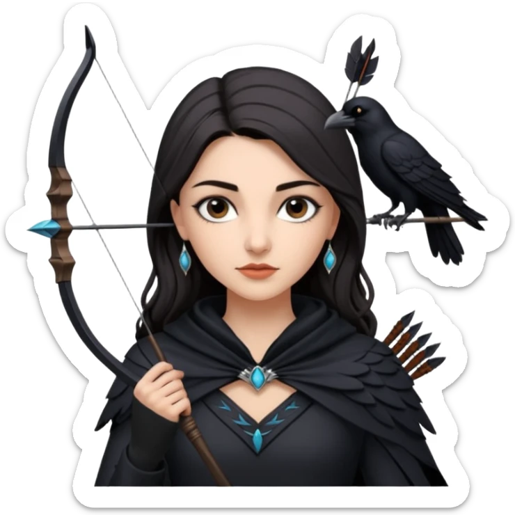 Alysanne Blackwood from Game of Thrones. She is known as black aly and is the Wife of Cregan Stark. I have her looking like Hande Erçel. Show her with a raven and a bow and arrow sticker