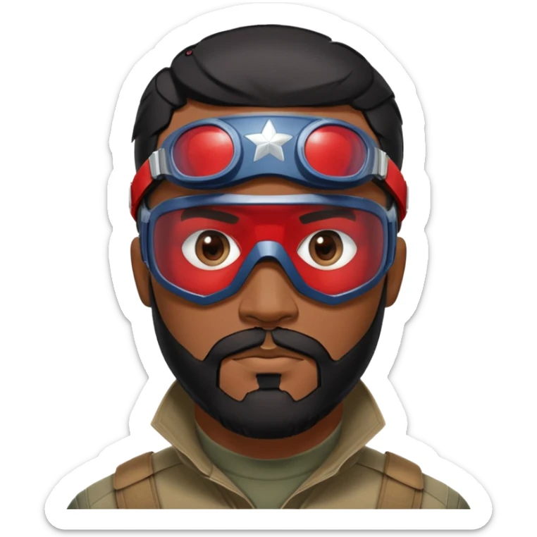 sam wilson with a close to the scalp black hair  and  a well-groomed beard that connects to his mustache,  wear sleek, red-tinted tactical goggles fit snugly from captain america: civil war sticker