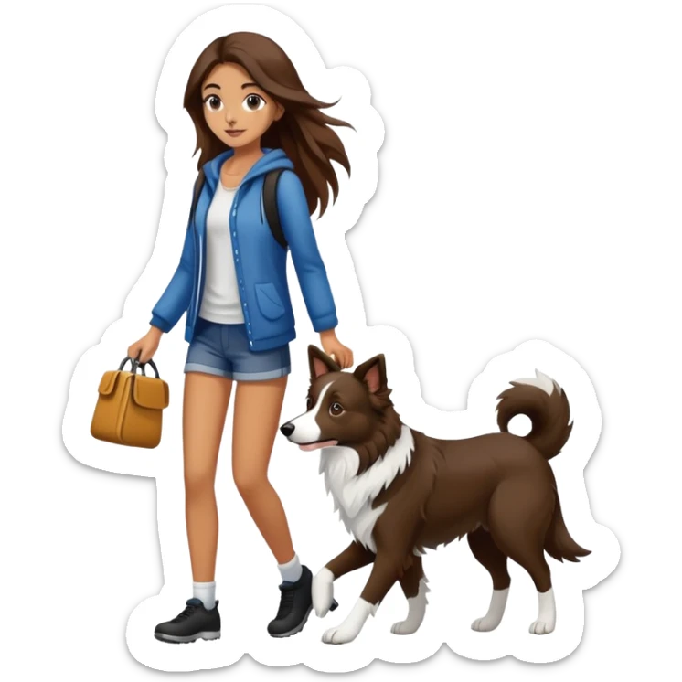  beautiful girl with long brown hair walks a black and white Border Collie sticker