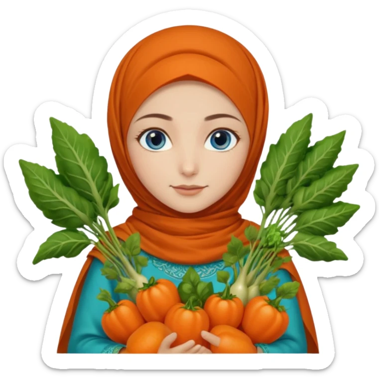 Turkish beautiful finish Konya girl blue eyes with garden design orange green hijabi dress and she had on her hand vegetables  sticker