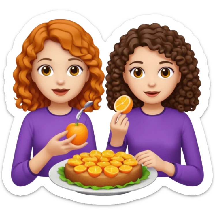 Two girls eating, one brunette with straight hair and another brunette with curly hair, emoji style, first girl has a purple blouse and the second girl has an orange blouse sticker