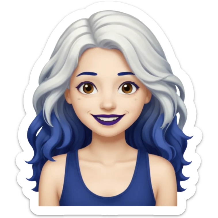 woman wavy with long white hair and brown eyes with dark blue lipstick smiling in a grunge tanktop sticker