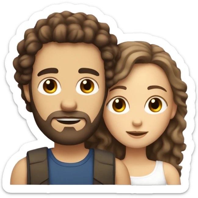 White woman with long dark curly hair cuddling with white guy with brown hair and beard sticker