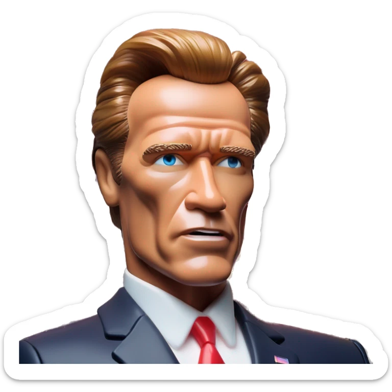 US president Arnold Schwarzenegger in Barbie style, oil paint, mysterious eyes, intricate lips, masterpiece pose, odd perspective, beautiful, desirable, logical, midsommar, ikea sticker