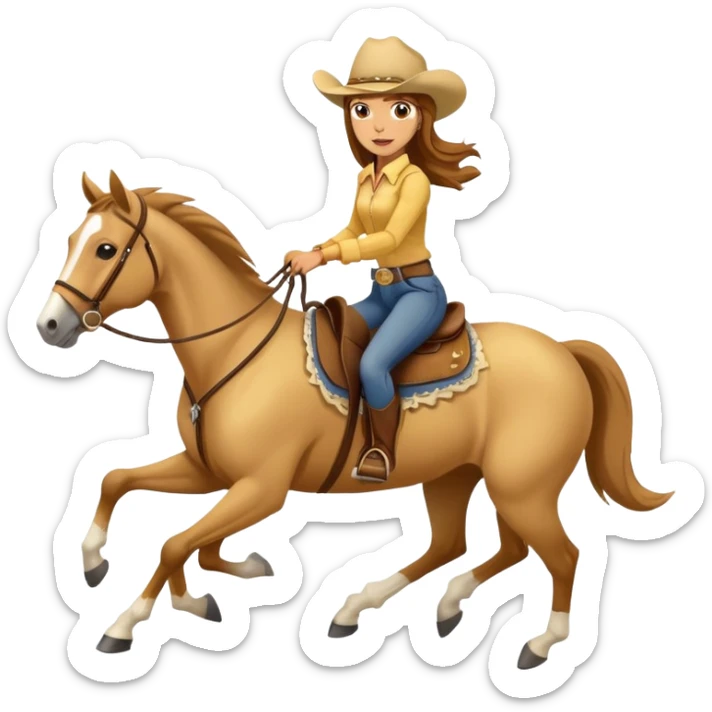 yellow palomino horse running with 4 legs a woman rider with brown hair and a cowboy hat sticker