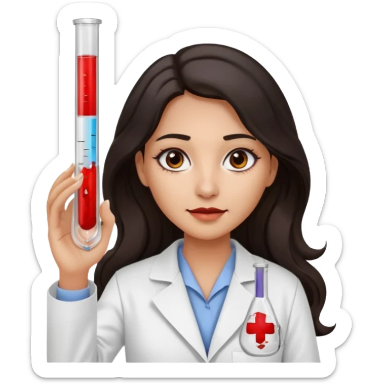 Una chica de laboratorio clínico químico con ojos negro cabello oscuro ondulado raya en medio tez media con bata de científica con ojos negros, cabello negro largo ondulado con raya en medio ondulado largo con muestras de sangre en reactivos sticker