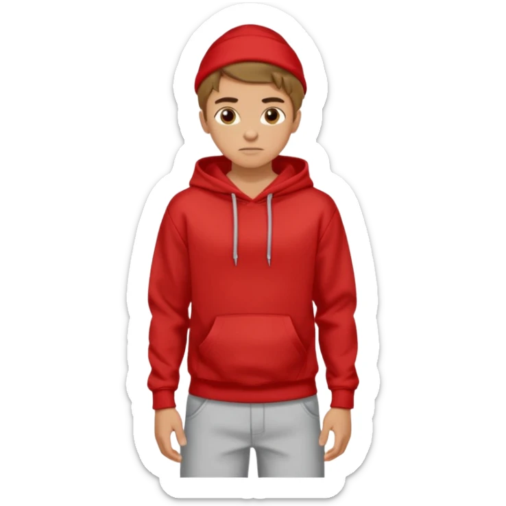 make me an emoji of an americain 19 yearold boy in a red hoodie that says "south" on it and give him with tan skin with his hands in his hands in his pocket not grining flexing his muscles sticker