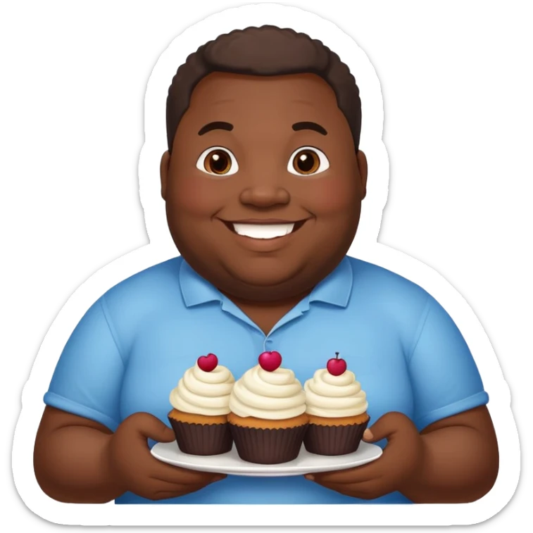 Extremely overweight African American man with a very round face and body, smiling and holding cupcakes sticker