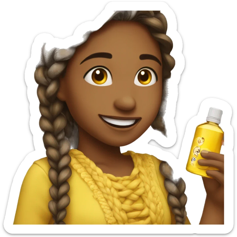 A girl who is happy while smelling aroma oil. She has long braided hair and is wearing a yellow dress. sticker
