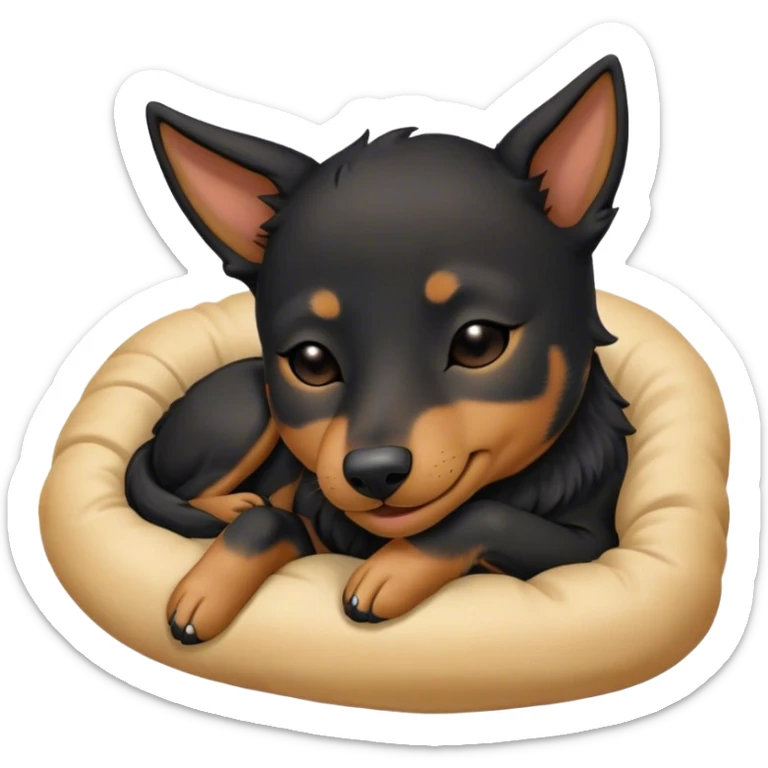 Meme-Worthy Cute Sleeping Black and Tan Kelpie Portrait Emoji, Head resting peacefully with a contented smile, showcasing a delightfully agile build and a luxuriously soft black and tan Fur, eyes shut in a serene nap, Simplified yet hilariously adorable features, highly detailed, glowing with a soft, drowsy light, high shine, relaxed and utterly lovable, stylized with an air of playful laziness, bright and heartwarming, soft glowing outline, capturing the essence of a comically sleepy herder, so meme-worthy it feels like it could instantly become the next viral sensation of adorable slumber! sticker