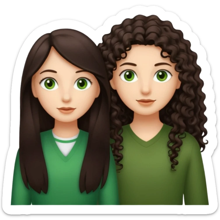 Two besties: 1: long ironed straight darkbrown hair, green eyes 2: long curly darkbrown hair, brown eyes sticker
